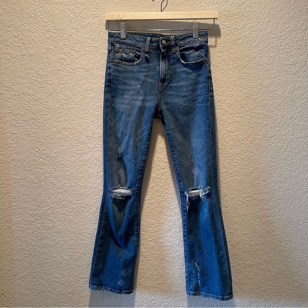R 13 “Kick”  in Westbourne color stonewashed hi rise distressed jeans, size 25